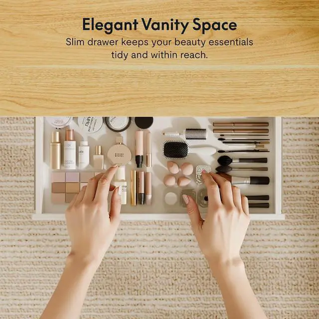 Alt view image 3 of 7 - Electric Standing Makeup Vanity Desk with Drawer and USB Charge Ports&Child Lock, 48 Height Adjustable Whole-Piece Quick Install Dressing Table for Women Girls Bedroom Dressing Room, Maple