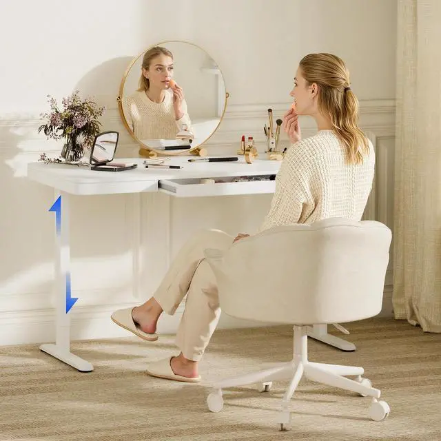 Main image of Electric Standing Makeup Vanity Desk with Drawer and USB Charge Ports&Child Lock, 48 Height Adjustable Whole-Piece Quick Install Dressing Table for Women Girls Bedroom Dressing Room, White