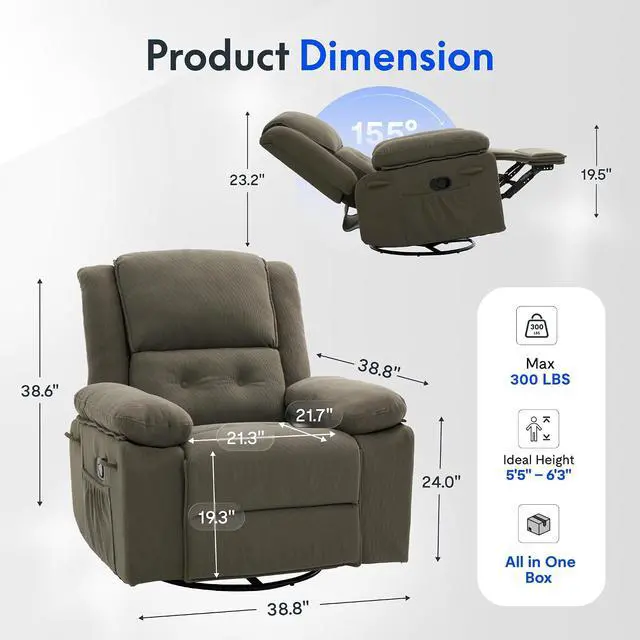 Alt view image 2 of 7 - XRC2 360° Swivel Rocker Recliner for Adults, Rocking Glider Chair with Massage and Heat, Small Swivel Recliner for Living Room Bedroom Nursery, Grey