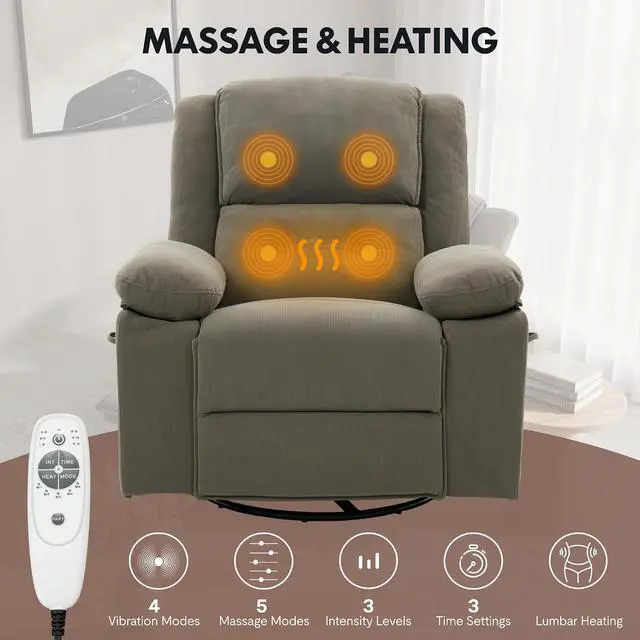 Alt view image 4 of 7 - XRC2 360° Swivel Rocker Recliner for Adults, Rocking Glider Chair with Massage and Heat, Small Swivel Recliner for Living Room Bedroom Nursery, Grey