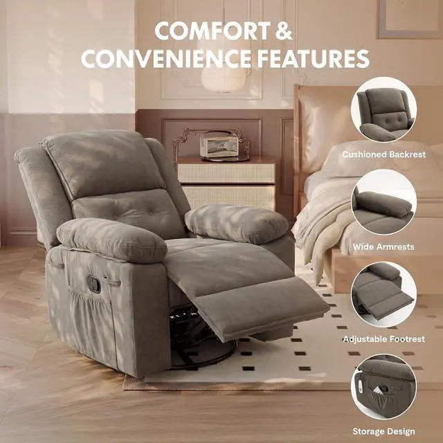 Alt view image 6 of 7 - XRC2 360° Swivel Rocker Recliner for Adults, Rocking Glider Chair with Massage and Heat, Small Swivel Recliner for Living Room Bedroom Nursery, Grey