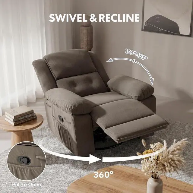 Alt view image 5 of 7 - XRC2 360° Swivel Rocker Recliner for Adults, Rocking Glider Chair with Massage and Heat, Small Swivel Recliner for Living Room Bedroom Nursery, Grey