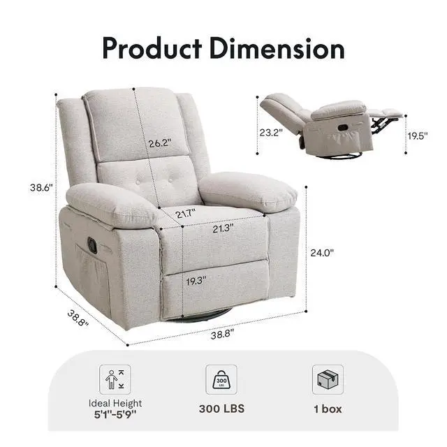 Alt view image 2 of 7 - XRC2 360° Swivel Rocker Recliner for Adults, Nursery Glider Recliner with Massage and Heating, Manual Rocking Chair for Living Room, Bedroom, Light Grey