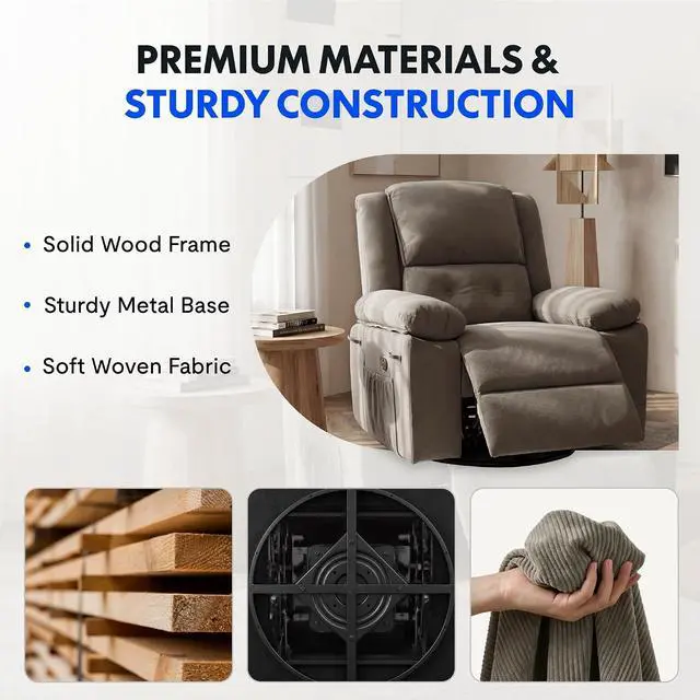 Alt view image 7 of 7 - XRC2 360° Swivel Rocker Recliner for Adults, Rocking Glider Chair with Massage and Heat, Small Swivel Recliner for Living Room Bedroom Nursery, Grey