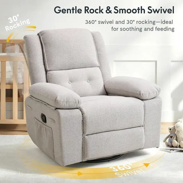 Alt view image 4 of 7 - XRC2 360° Swivel Rocker Recliner for Adults, Nursery Glider Recliner with Massage and Heating, Manual Rocking Chair for Living Room, Bedroom, Light Grey