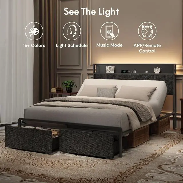 Alt view image 6 of 7 - Queen Adjustable Bed with Storage Headboard, Charging Station, Head Incline, LED Lighting, Storage Drawers, Quiet Powerful DC Motor, and Easy Assembly