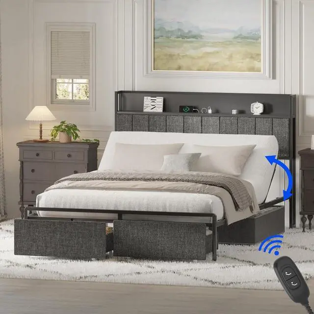 Main image of Queen Adjustable Bed with Storage Headboard, Charging Station, Head Incline, LED Lighting, Storage Drawers, Quiet Powerful DC Motor, and Easy Assembly