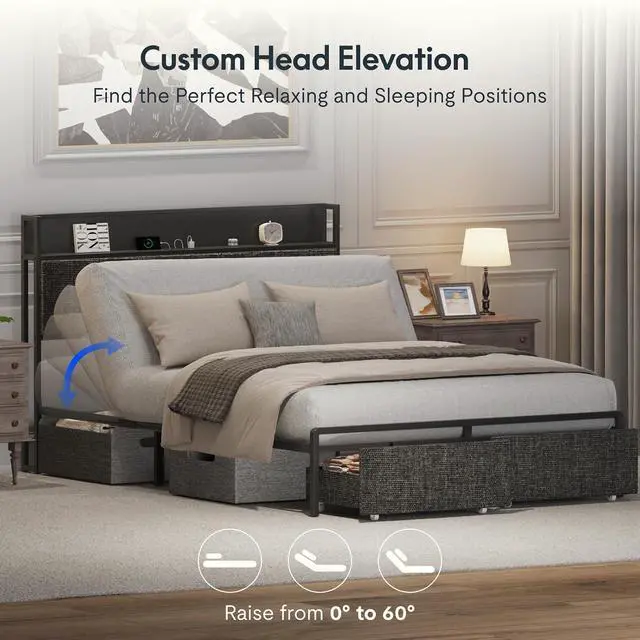 Alt view image 4 of 7 - Queen Adjustable Bed with Storage Headboard, Charging Station, Head Incline, LED Lighting, Storage Drawers, Quiet Powerful DC Motor, and Easy Assembly