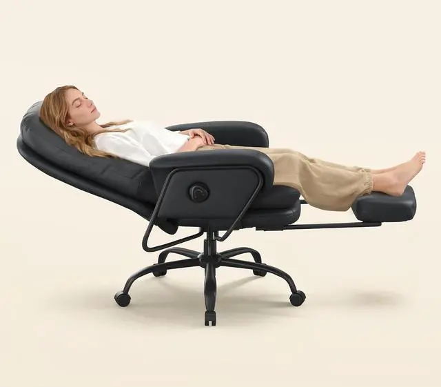 Main image of 2-in-1 Chaise Lounge Chair Indoor with Wheels Footrest 90-165° Reclining Lumbar Support, Home Office Chairs for Living Room Bedroom Study Relaxing Working, PU Leather, Black, HC4