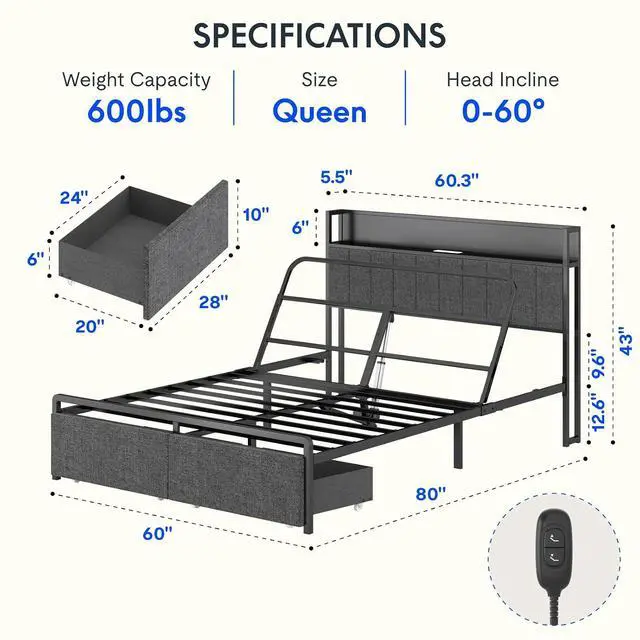 Alt view image 2 of 7 - Queen Adjustable Bed with Storage Headboard, Charging Station, Head Incline, LED Lighting, Storage Drawers, Quiet Powerful DC Motor, and Easy Assembly