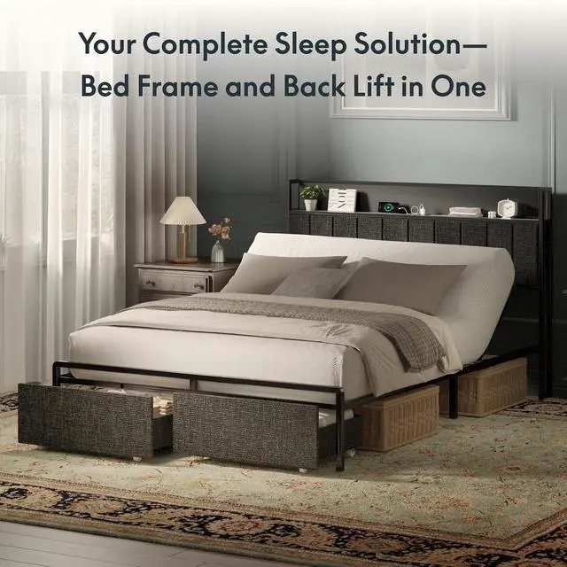 Alt view image 3 of 7 - Queen Adjustable Bed with Storage Headboard, Charging Station, Head Incline, LED Lighting, Storage Drawers, Quiet Powerful DC Motor, and Easy Assembly