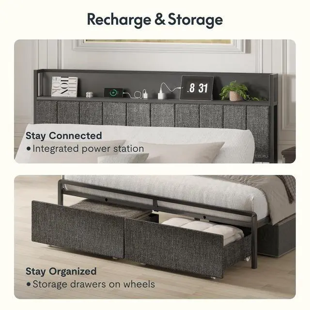 Alt view image 7 of 7 - Queen Adjustable Bed with Storage Headboard, Charging Station, Head Incline, LED Lighting, Storage Drawers, Quiet Powerful DC Motor, and Easy Assembly