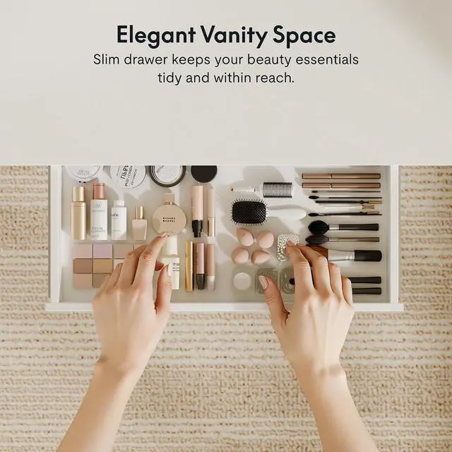 Alt view image 3 of 7 - Electric Standing Makeup Vanity Desk with Drawer and USB Charge Ports&Child Lock, 48 Height Adjustable Whole-Piece Quick Install Dressing Table for Women Girls Bedroom Dressing Room, White