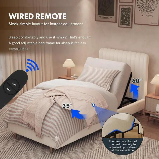 Alt view image 5 of 7 - Twin XL Adjustable Bed Frame Base with 12 Inch Gel Memory Foam Mattress, Simultaneous Head & Foot Incline, Viscose from Bamboo, Medium Firm, Certi-PUR & Oeko-TEX Certified.
