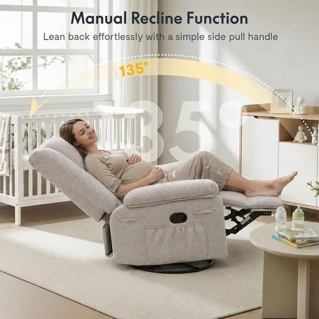 Alt view image 6 of 7 - XRC2 360° Swivel Rocker Recliner for Adults, Nursery Glider Recliner with Massage and Heating, Manual Rocking Chair for Living Room, Bedroom, Light Grey