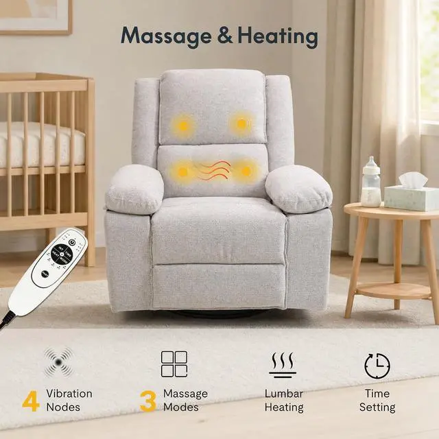 Alt view image 5 of 7 - XRC2 360° Swivel Rocker Recliner for Adults, Nursery Glider Recliner with Massage and Heating, Manual Rocking Chair for Living Room, Bedroom, Light Grey