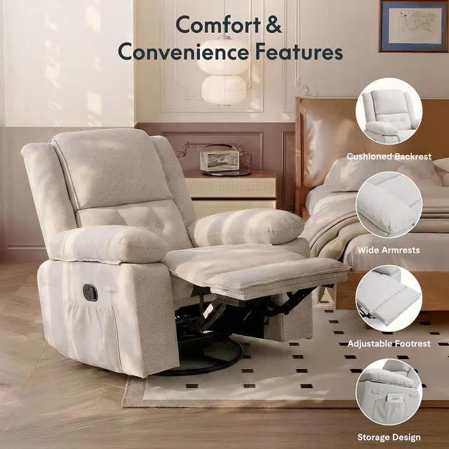 Alt view image 7 of 7 - XRC2 360° Swivel Rocker Recliner for Adults, Nursery Glider Recliner with Massage and Heating, Manual Rocking Chair for Living Room, Bedroom, Light Grey