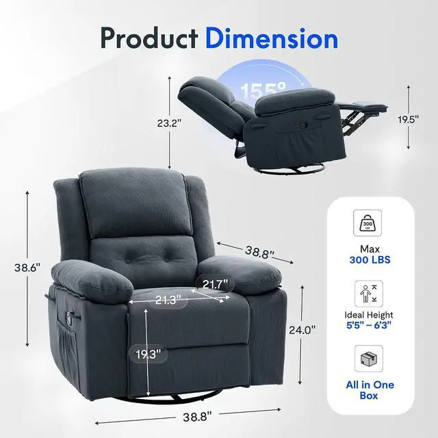 Alt view image 2 of 7 - XRC2 360° Swivel Rocker Recliner for Adults, Rocking Glider Chair with Massage and Heat, Small Swivel Recliner for Living Room Bedroom Nursery, Blue Grey