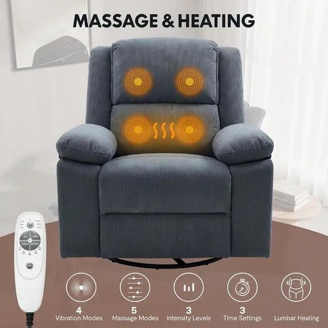 Alt view image 4 of 7 - XRC2 360° Swivel Rocker Recliner for Adults, Rocking Glider Chair with Massage and Heat, Small Swivel Recliner for Living Room Bedroom Nursery, Blue Grey