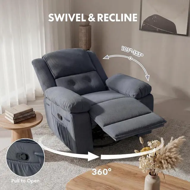 Alt view image 5 of 7 - XRC2 360° Swivel Rocker Recliner for Adults, Rocking Glider Chair with Massage and Heat, Small Swivel Recliner for Living Room Bedroom Nursery, Blue Grey