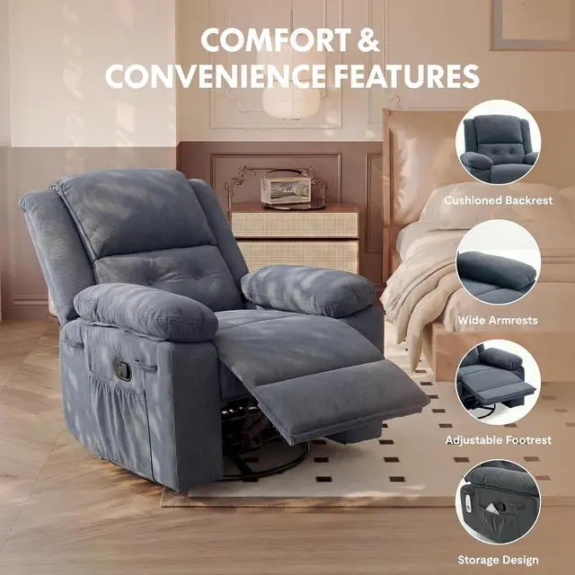 Alt view image 6 of 7 - XRC2 360° Swivel Rocker Recliner for Adults, Rocking Glider Chair with Massage and Heat, Small Swivel Recliner for Living Room Bedroom Nursery, Blue Grey