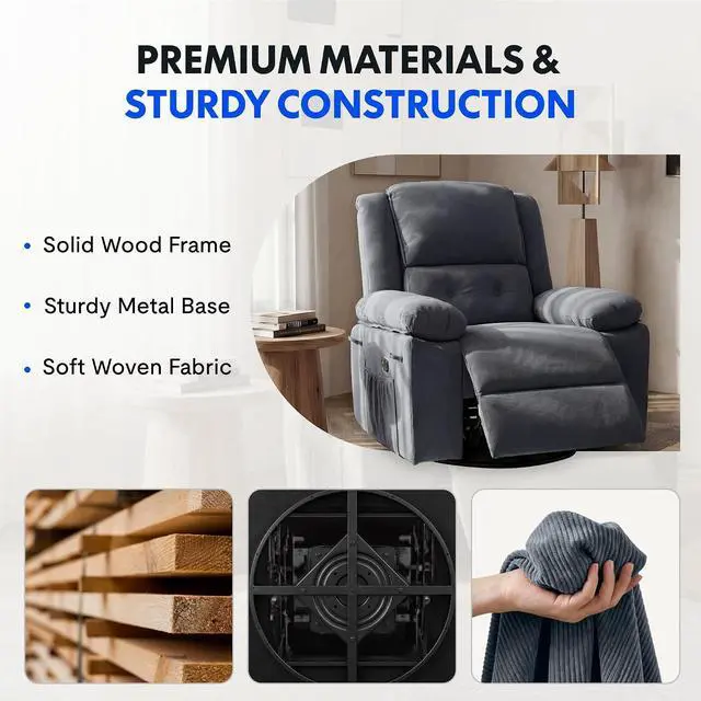 Alt view image 7 of 7 - XRC2 360° Swivel Rocker Recliner for Adults, Rocking Glider Chair with Massage and Heat, Small Swivel Recliner for Living Room Bedroom Nursery, Blue Grey