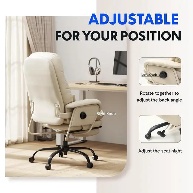 Alt view image 7 of 7 - 2-in-1 Chaise Lounge Chair Indoor with Wheels Footrest 90-165° Reclining Lumbar Support, Home Office Chairs for Living Room Bedroom Study Relaxing Working, PU Leather, Black, HC4