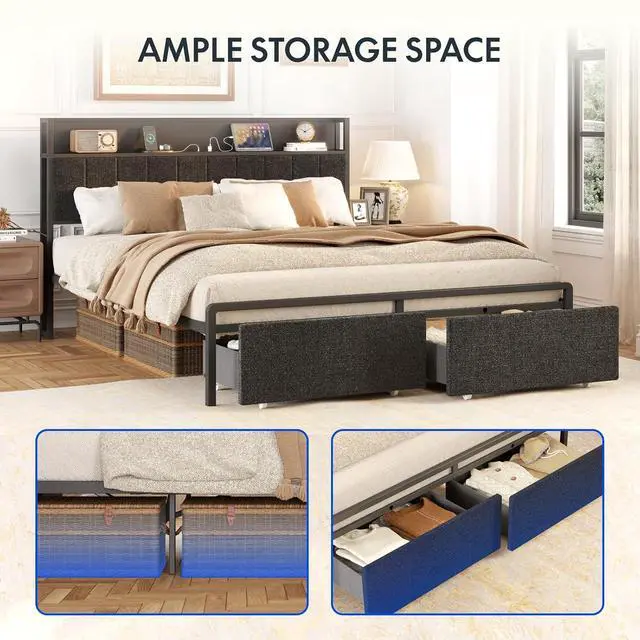 Alt view image 5 of 6 - BF21Q Adjustable Bed with Storage Headboard and Charging Station, LED Light, Fabric Storage Drawers, Durable and Sturdy, No Box Spring Required, Easy Assembly.
