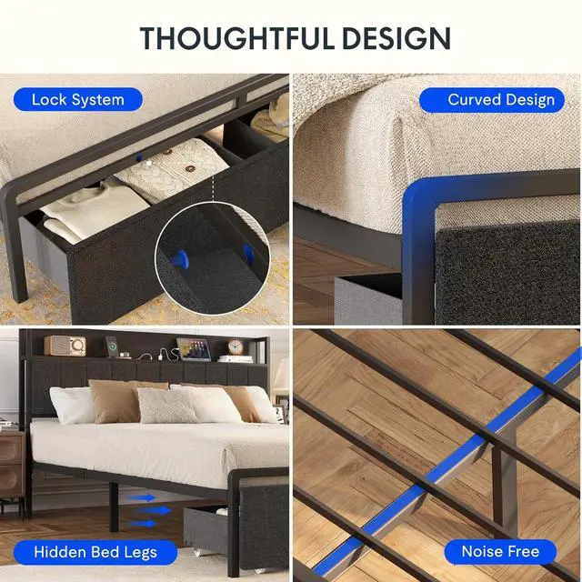 Alt view image 6 of 6 - BF21Q Adjustable Bed with Storage Headboard and Charging Station, LED Light, Fabric Storage Drawers, Durable and Sturdy, No Box Spring Required, Easy Assembly.