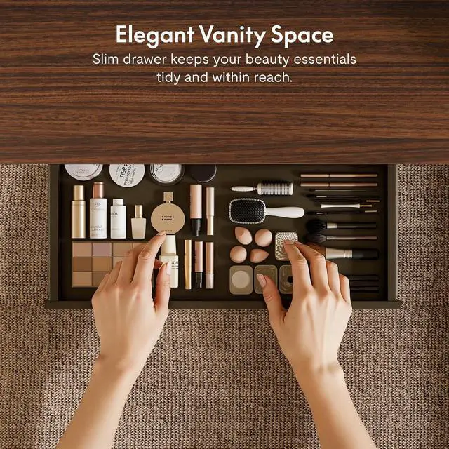 Alt view image 3 of 7 - Electric Standing Makeup Vanity Desk with Drawer and USB Charge Ports&Child Lock,48 Height Adjustable Whole-Piece Quick Install Dressing Table for Women Girls Dressing Bedroom,Dark Walnut