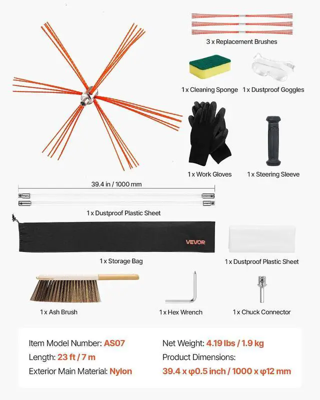 Alt view image 7 of 7 - Chimney Sweep Kit, 23 ft Maximum Extendable Length Chimney Brush, Chimneys Cleaning Kit with Bristle Replacements & Goggles, 90° Bendable Fireplace Cleaning Tool, for Square, Rectangle Chimneys