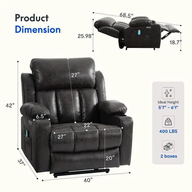 Alt view image 2 of 7 - XL31-XL Oversized Power Lift Recliner for Elderly, 400 Lbs Heavy Duty Lay Flat Lift Chair with Extra Wide 27" Seat, Massage & Heat, Dual Motor Electric Recliner for Living Room, Dark-Grey