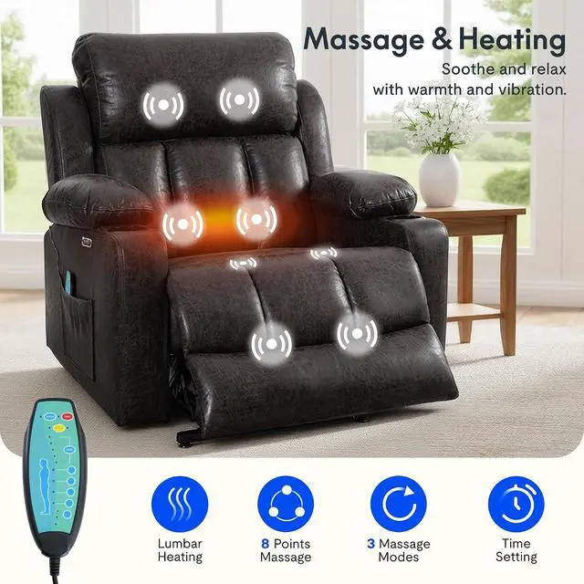 Alt view image 6 of 7 - XL31-XL Oversized Power Lift Recliner for Elderly, 400 Lbs Heavy Duty Lay Flat Lift Chair with Extra Wide 27" Seat, Massage & Heat, Dual Motor Electric Recliner for Living Room, Dark-Grey