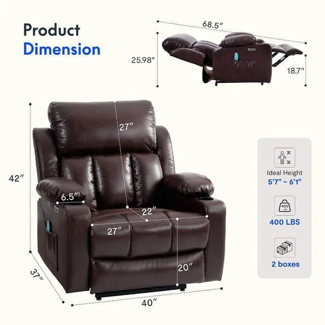 Alt view image 2 of 7 - XL31-XL Oversized Power Lift Recliner for Elderly, 400 Lbs Heavy Duty Lay Flat Lift Chair with Extra Wide 27" Seat, Massage & Heat, Dual Motor Electric Recliner for Living Room, Dark-Brown