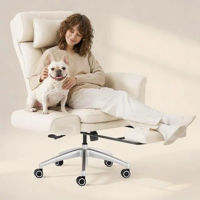 Main image of Oversized Lounge Chair Indoor with Convertible Seat Width up to 44in Wheels Footrest 180° Flip Armrests, Chairs for Living Room Study Working Relaxing, Scratch-Resistant Leather, Beige White