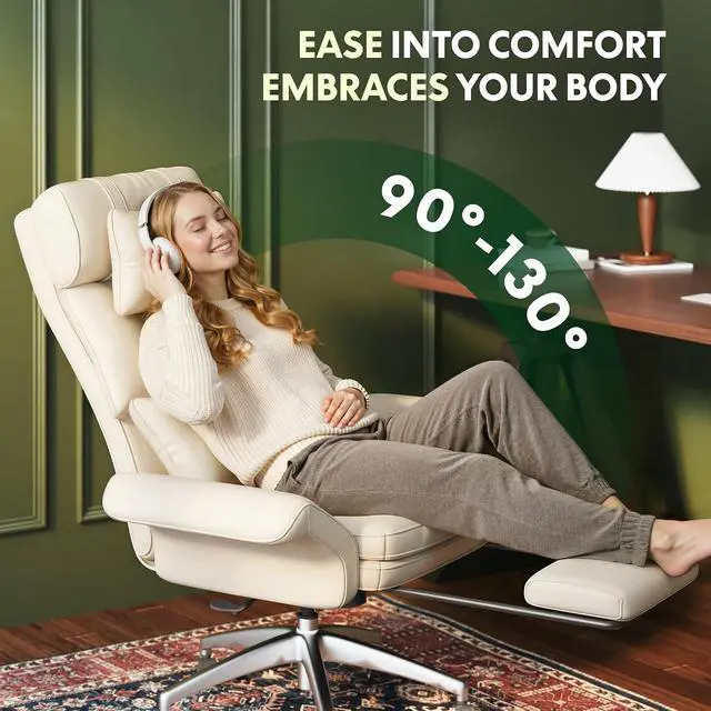 Alt view image 5 of 7 - Oversized Lounge Chair Indoor with Convertible Seat Width up to 44in Wheels Footrest 180° Flip Armrests, Chairs for Living Room Study Working Relaxing, Scratch-Resistant Leather, Beige White