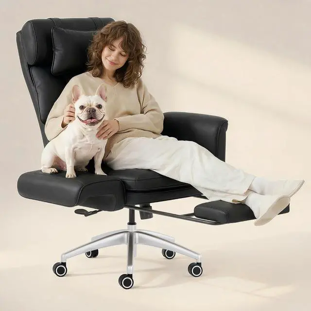 Main image of Oversized Lounge Chair Indoor with Convertible Seat Width up to 44in Wheels Footrest 180° Flip Armrests, Chairs for Living Room Study Working Relaxing, Scratch-Resistant Leather, Black