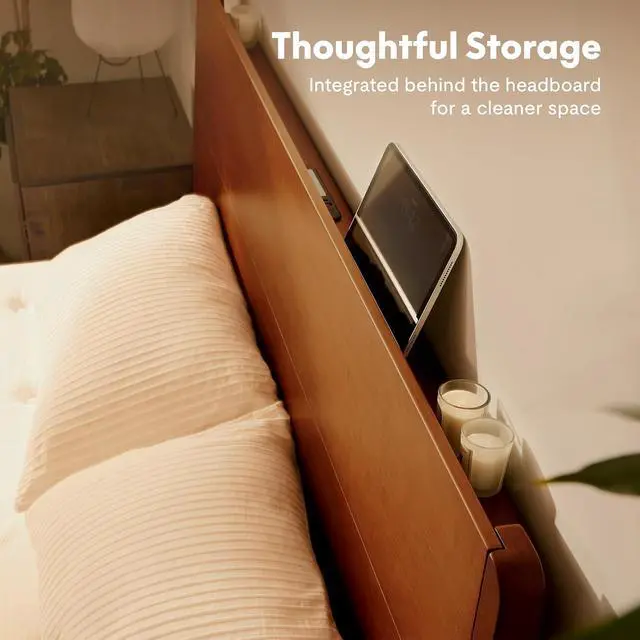 Alt view image 5 of 7 - Hako G4 Bamboo Platform Bed Frame Queen with Charging Storage Headboard, Japanese Joinery Bed Frame, Built-in Night Light, Minimalist Style, Quick Assembly, 1300 lbs Capacity, Walnut