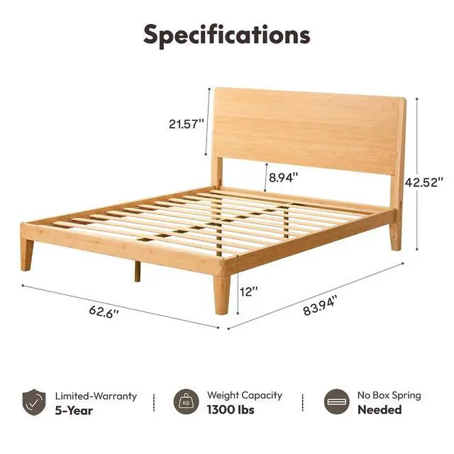 Alt view image 2 of 7 - Hako G4 Queen Bamboo Platform Bed Frame with Charging Storage Headboard, Japanese Joinery Bed Frame, Built-in Night Light, Minimalist Style, Quick Assembly, 1300 lbs Capacity, Natural