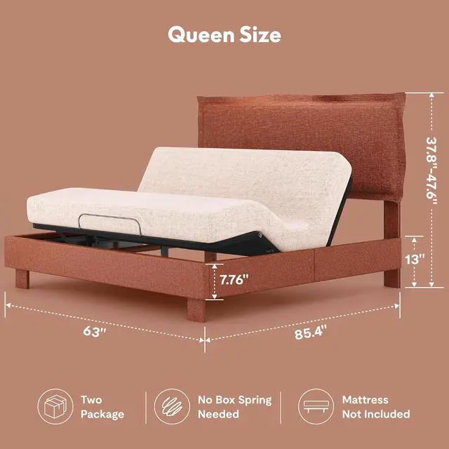 Alt view image 2 of 7 - All-In-One Adjustable Bed Frame with Upholstered Flange Edge Headboard, Queen Minimalist Design Synchronized Head & Foot Lift for Relaxation 600 lbs 5Y Motor&10Y Frame Warranty,Orange