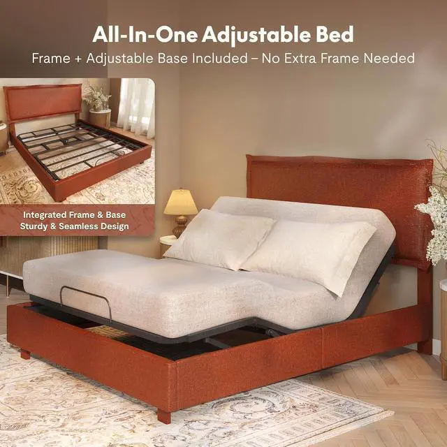 Alt view image 3 of 7 - All-In-One Adjustable Bed Frame with Upholstered Flange Edge Headboard, Queen Minimalist Design Synchronized Head & Foot Lift for Relaxation 600 lbs 5Y Motor&10Y Frame Warranty,Orange