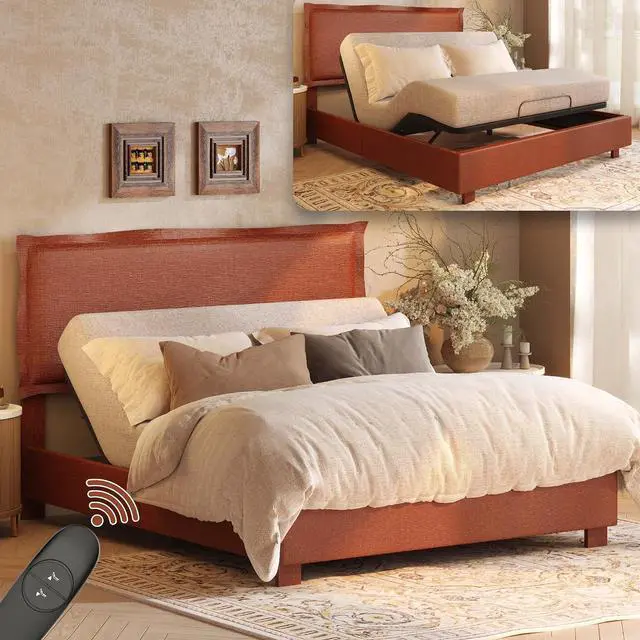 Main image of All-In-One Adjustable Bed Frame with Upholstered Flange Edge Headboard, Queen Minimalist Design Synchronized Head & Foot Lift for Relaxation 600 lbs 5Y Motor&10Y Frame Warranty,Orange