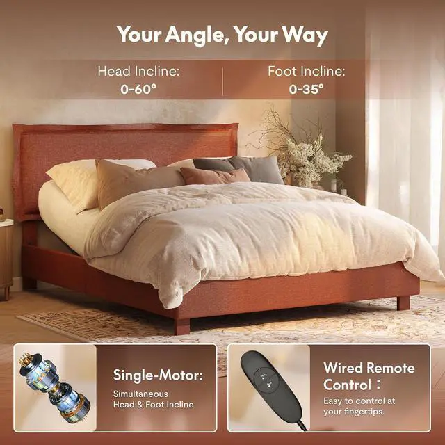 Alt view image 7 of 7 - All-In-One Adjustable Bed Frame with Upholstered Flange Edge Headboard, Queen Minimalist Design Synchronized Head & Foot Lift for Relaxation 600 lbs 5Y Motor&10Y Frame Warranty,Orange