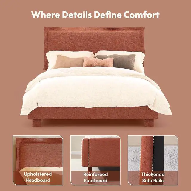 Alt view image 6 of 7 - All-In-One Adjustable Bed Frame with Upholstered Flange Edge Headboard, Queen Minimalist Design Synchronized Head & Foot Lift for Relaxation 600 lbs 5Y Motor&10Y Frame Warranty,Orange
