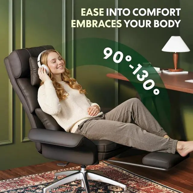 Alt view image 5 of 7 - Oversized Lounge Chair Indoor with Convertible Seat Width up to 44in Wheels Footrest 180° Flip Armrests, Chairs for Living Room Study Working Relaxing, Scratch-Resistant Leather, Black