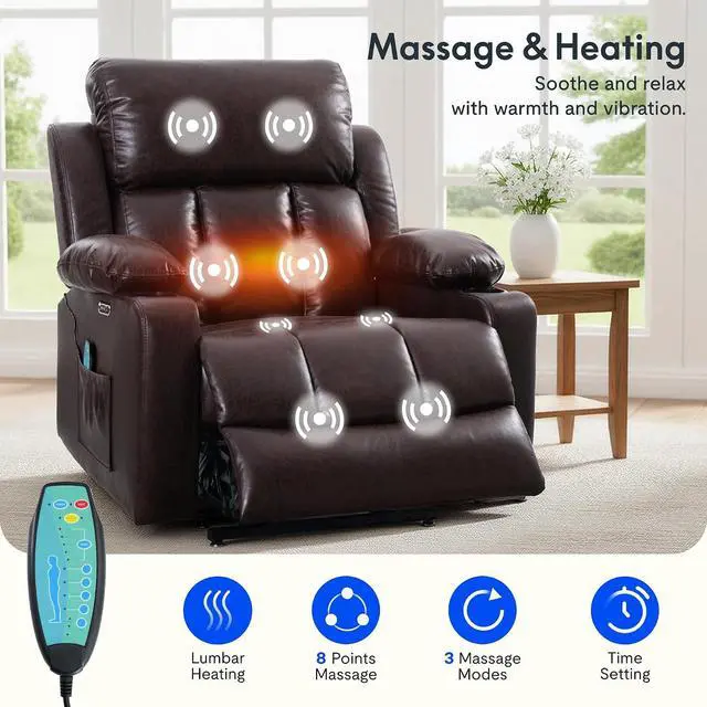 Alt view image 6 of 7 - XL31-XL Oversized Power Lift Recliner for Elderly, 400 Lbs Heavy Duty Lay Flat Lift Chair with Extra Wide 27" Seat, Massage & Heat, Dual Motor Electric Recliner for Living Room, Dark-Brown