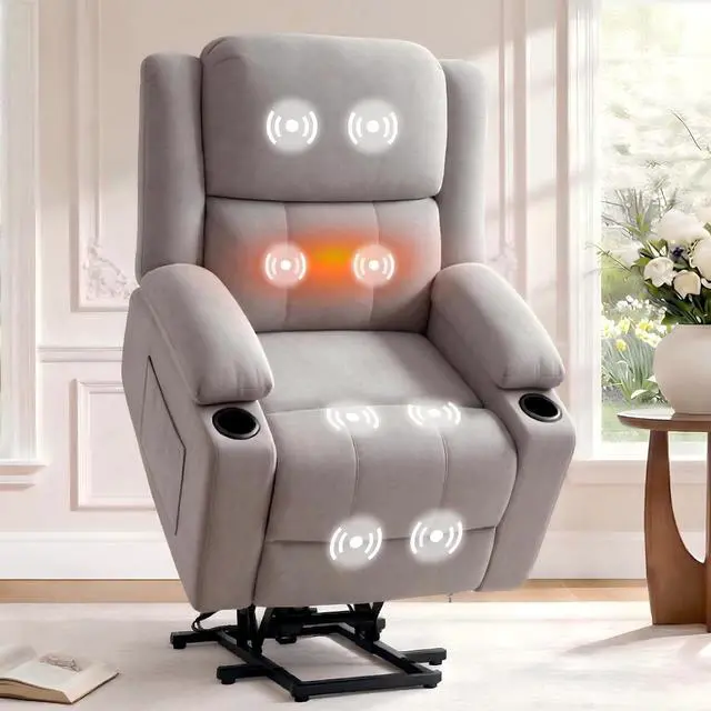 Main image of XL31 Power Lift Recliner Chair for Elderly, Electric Lift Chair with Massage & Heat, Fabric Reclining Sofa w/USB & Type-C Charging for Living Room Bedroom(Medium Size, Silver-Gray)