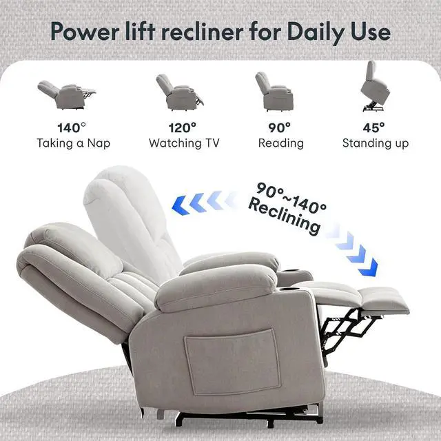 Alt view image 5 of 7 - XL31 Power Lift Recliner Chair for Elderly, Electric Lift Chair with Massage & Heat, Fabric Reclining Sofa w/USB & Type-C Charging for Living Room Bedroom(Medium Size, Silver-Gray)