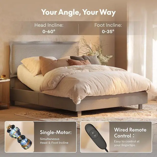 Alt view image 7 of 7 - All-in-One Adjustable Bed Frame with Upholstered Flange Edge Headboard, QueenMinimalist Design Synchronized Head & Foot Lift for Relaxation600 lbs5Y Motor&10Y Frame Warranty,Light Grey