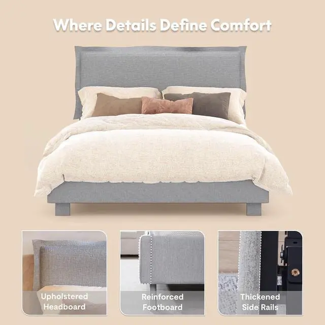 Alt view image 6 of 7 - All-in-One Adjustable Bed Frame with Upholstered Flange Edge Headboard, QueenMinimalist Design Synchronized Head & Foot Lift for Relaxation600 lbs5Y Motor&10Y Frame Warranty,Light Grey
